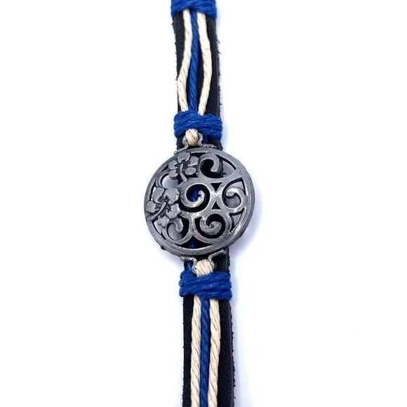 Black Faux Leather with Hemp Cord and Silver Hibiscus Boho Bracelet - Picture 5 of 8